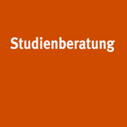 Ein oranges Bild mit weißem Text "Studienberatung"